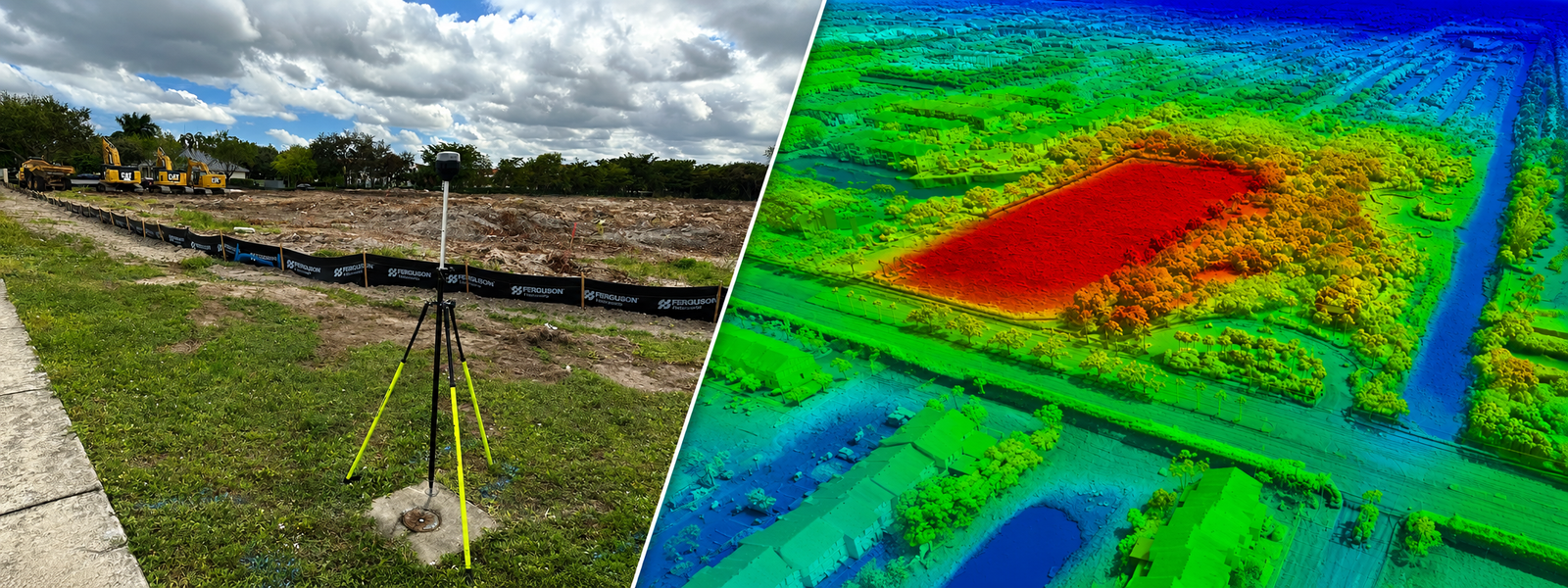 GNSS tripod at development site and aerial orthophoto — engineering mapping